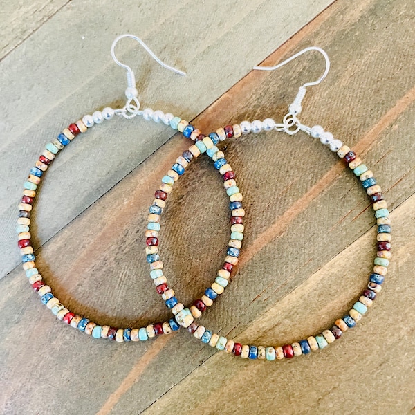 Large Tan Picasso Bead  Hoop Earrings, Multicolored Beaded Hoop Earrings, Bead Hoops, Beaded Hoop Earrings, Big Hoop Earrings, Bohemian