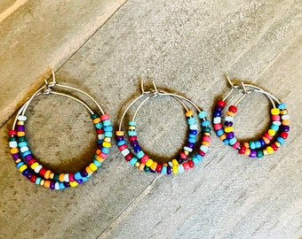 Rainbow Seed Bead Hoop Earrings: Stainless Steel, Boho Style