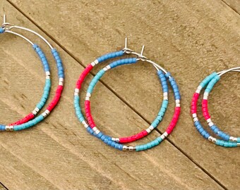 Dainty Seed Bead Hoop Earrings: Red, Blue, Turquoise