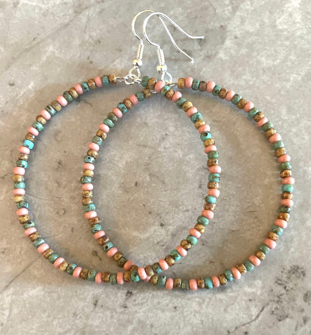 Large Pastel Hoop Earrings, Beaded Hoop Earrings, Boho Hoops, Seed Bead