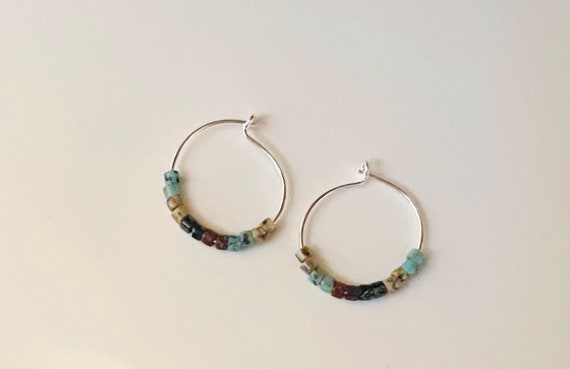Tiny Beaded Hoop Earrings, Dainty Picasso Seed Bead Hoops