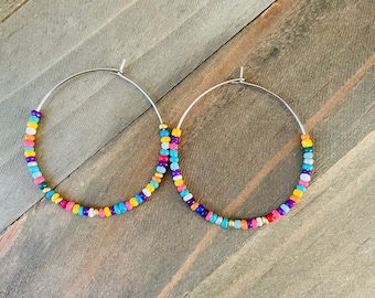 Large Seed Bead Hoop Earrings, Multicolored Seed Bead Hoops, Stainless Steel Seed Bead Hoop Earrings, Rainbow Earrings, Rainbow Hoops