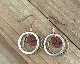 Mixed Metals Mountain Scene Earrings, Nature Jewelry, Metal Connector Earrings, Dainty Copper Jewelry, Minimalist Copper , Gift Jewelry