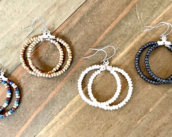 Seed Bead Hoop Earrings, Beaded Hoop Earrings, Tan Picasso Seed Bead Hoops, Pearl Seed Bead Hoops, Medium Hoop Earrings, Hoops For Her