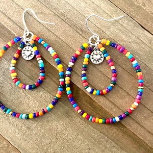 Double Hoop Earrings, Multicolored Teardrop Seed Bead Hoop Earrings, Large Hoop Earrings, Seed Bead Earrings, Handmade Beaded Hoops