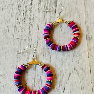 Pink Heishi Bead Hoop Earrings, Pink Earrings, Cute Heishi Bead Earrings, Medium Pink Earrings, Sterling Silver Ear Wire Earrings