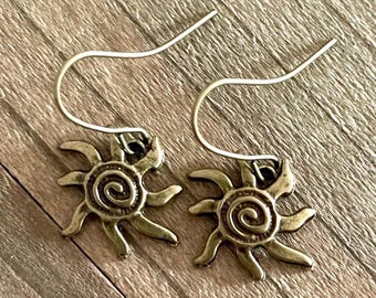 Antiqued Bronze Sun Earrings, Sun Jewelry, Minimalist Silver Earrings, Gift For mom, daughter, friend, Earring Shop,Dainty Dangling Earrings