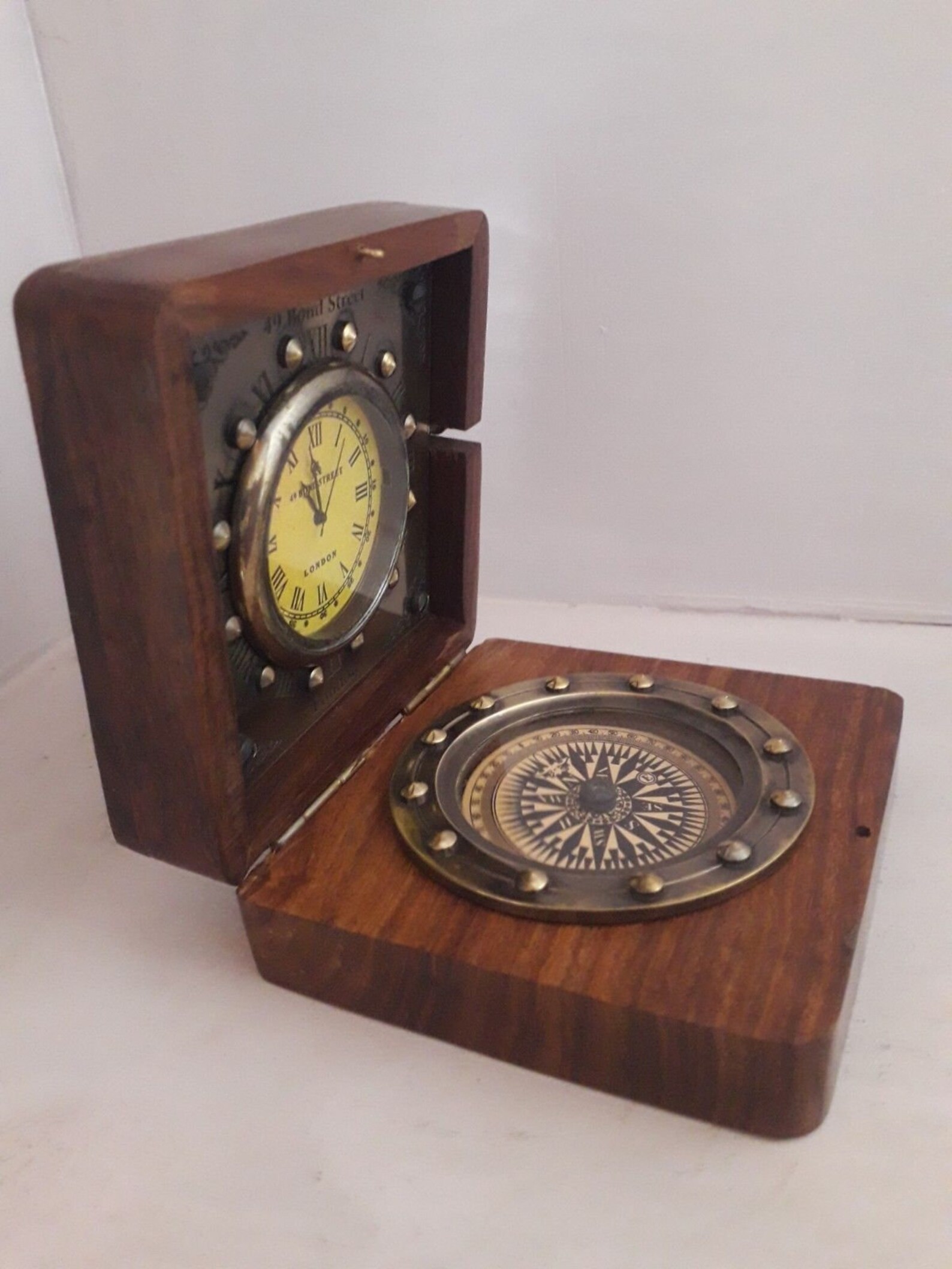 Nautical Brass Compass in Wooden Box Vintage Pocket Desk Etsy