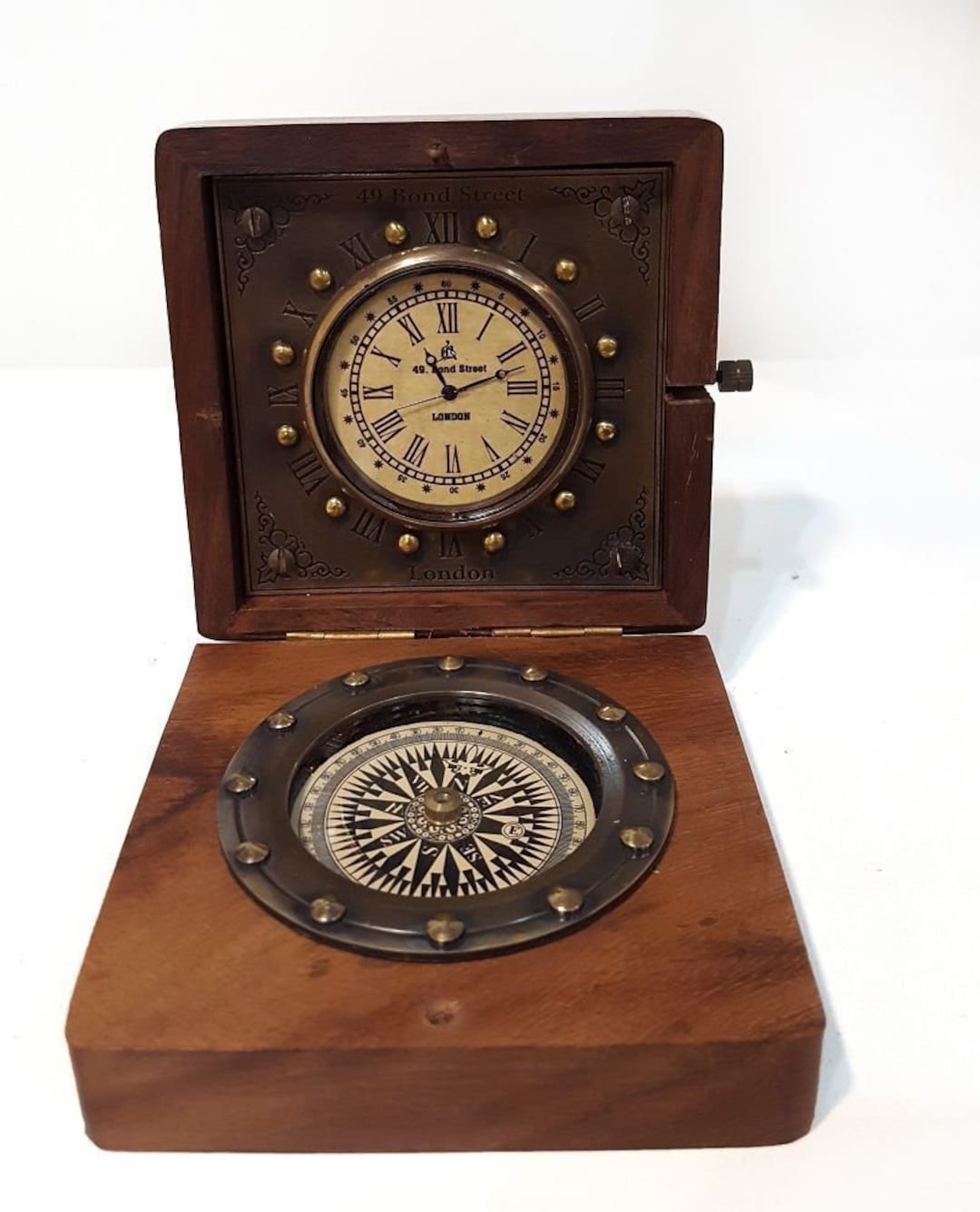 Nautical Brass Compass in Wooden Box Vintage Pocket Desk Etsy