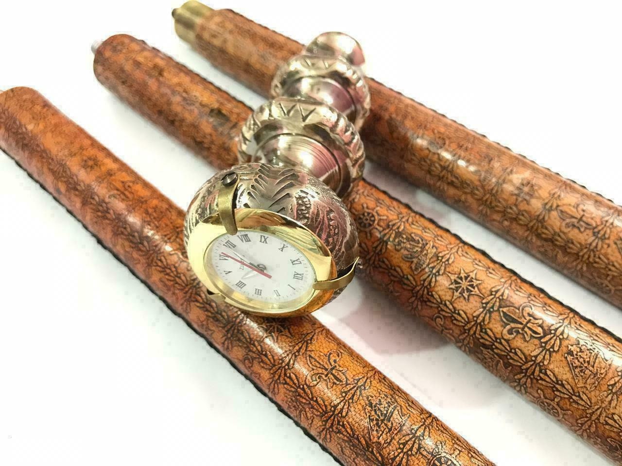 Antike Messing Twist Griff Leder Holz Gehstock mit Uhr auf Top Geschenk 