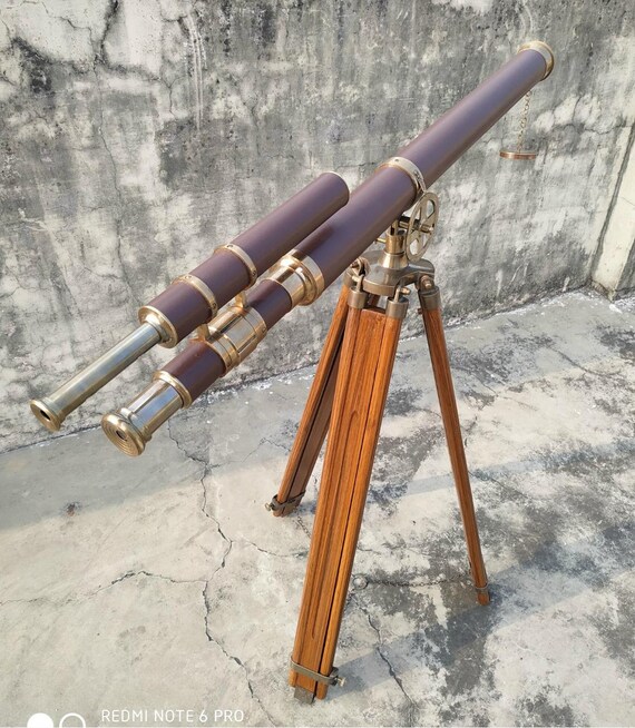 Nautical Marine Antique Double Barrel Leather Telescope With Wooden ...