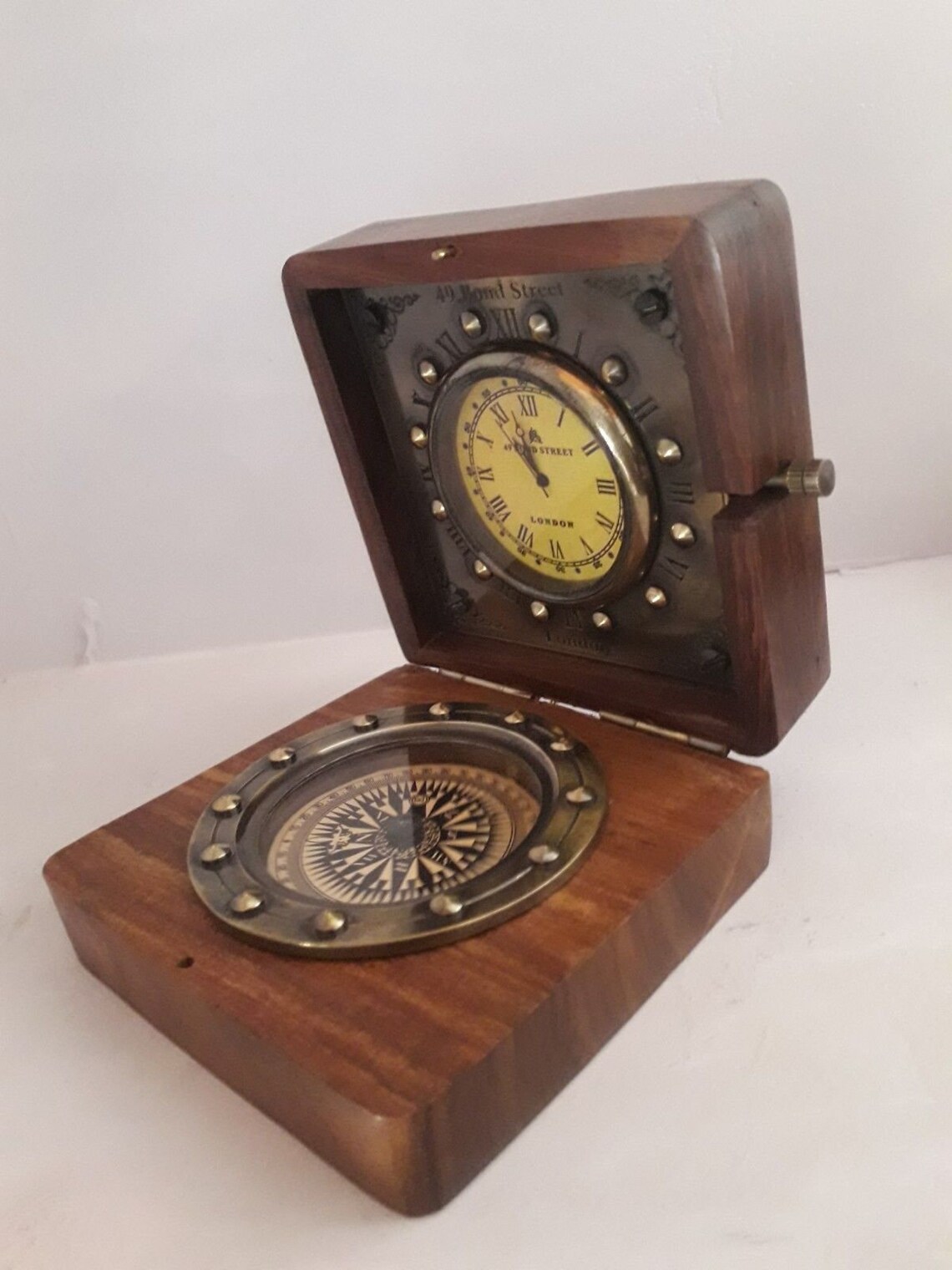 Nautical Brass Compass in Wooden Box Vintage Pocket Desk Etsy