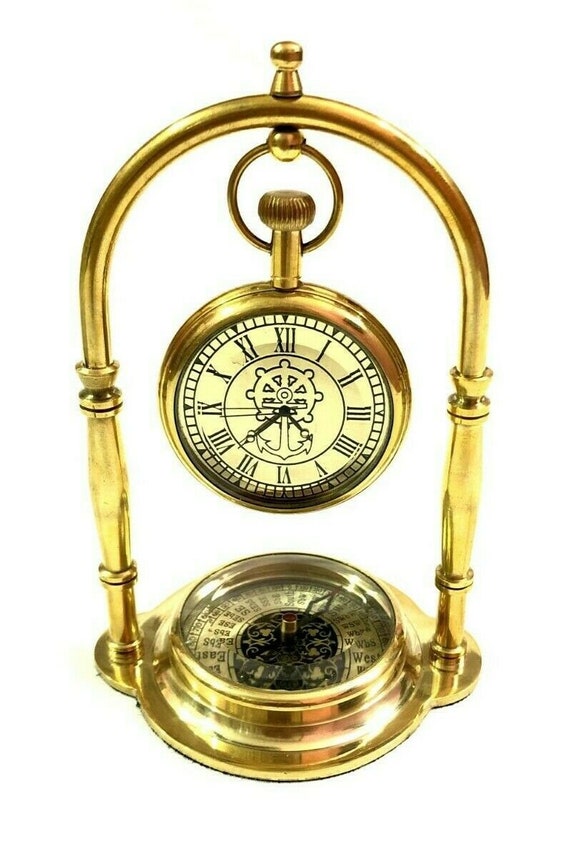 Nautical Maritime Shinny Brass Desk Clock With Compass Antique Home Decor A Staple On Every Ship S Bridge Vintage Compass Binnacle Is Repurposed As Clock Phone Holder Pen And Pencil Caddy Sharpener In