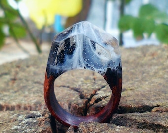 Wood resin ring, mountain ring, wave ring, ocean ring, galaxy ring, moon  ring, white resin ring, nature ring, wood resin jewelry, resin ring
