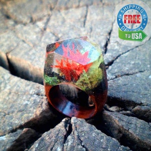 Wood resin ring, flower resin rings, nature ring, wood resin jewelry, resin ring, ocean ring,  botanical ring, pressed flower ring