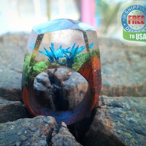 Wood resin ring, ocean ring, flower resin rings, nature ring, wood resin jewelry, resin ring, botanical ring, pressed flower ring, wave ring