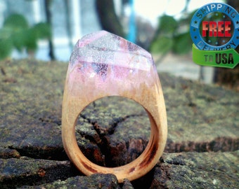 Wood resin ring, ocean ring, galaxy ring, wave ring,  pink resin ring, nature ring, wood resin jewelry, resin ring, magic ring