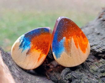 Druppelvormige oordopjes: handgemaakte houtharsmeters, blauwe en oranje kleur (Og-2 inch)