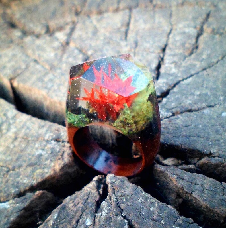 Wood resin ring flower resin rings nature ring wood resin | Etsy