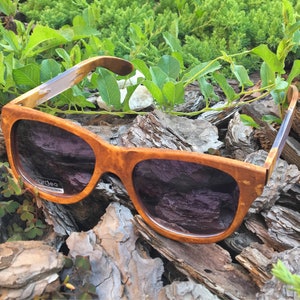 Puede incluir: Un par de gafas de sol de madera marr&oacute;n con lentes oscuros. Las gafas est&aacute;n sobre un lecho de astillas de madera marr&oacute;n.