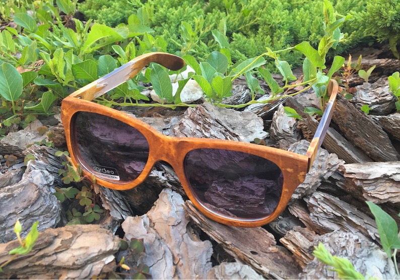 Puede incluir: Un par de gafas de sol de madera marr&oacute;n con lentes oscuros. Las gafas est&aacute;n sobre un lecho de astillas de madera marr&oacute;n.