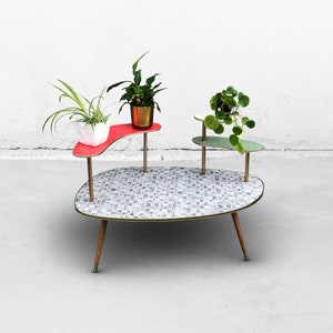 Colorful Vintage Plant Stand with 3 Tiers // Mid Century Kidney German Formica Flower Table with Red, Green, Cream, and Mosaic Side Table