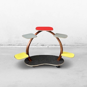 Colorful Vintage Plant Stand with 3 Tiers // Mid Century German Formica Flower Table with Red, Yellow, Grey, and Wood Side Table