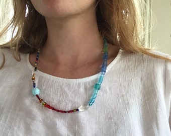 Multicolored seed bead and glass necklace