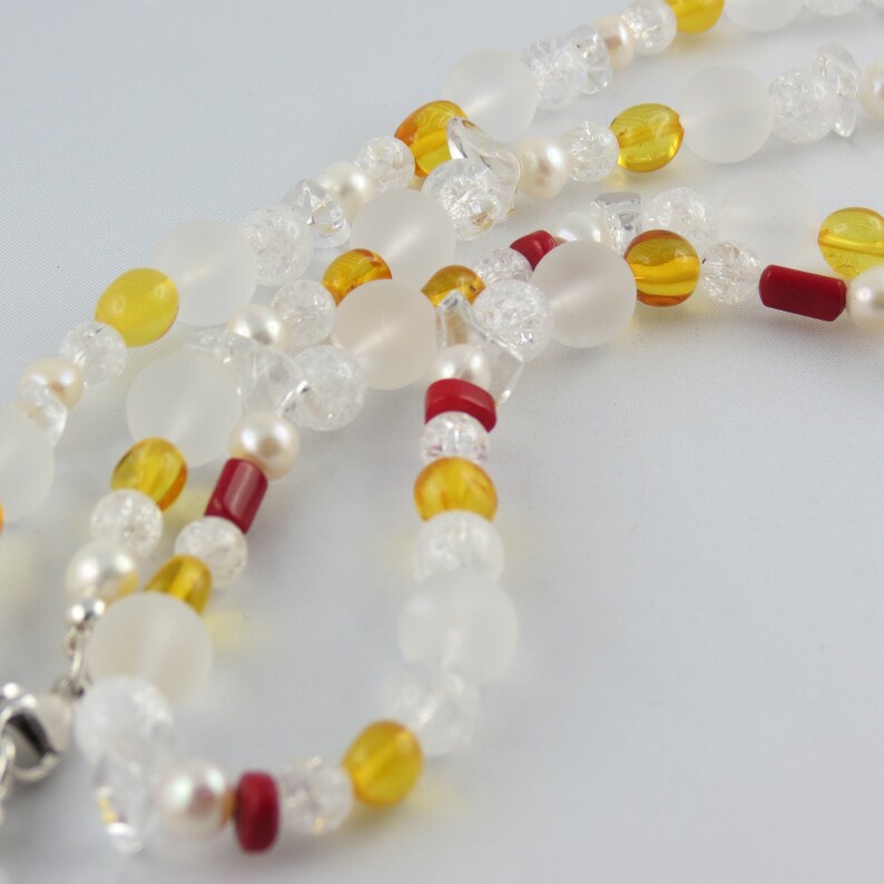 freshwater cultured pearls amber and coral with silver clasp carabiner Gemstone necklace made of rock crystal 925, approx. 13 mm