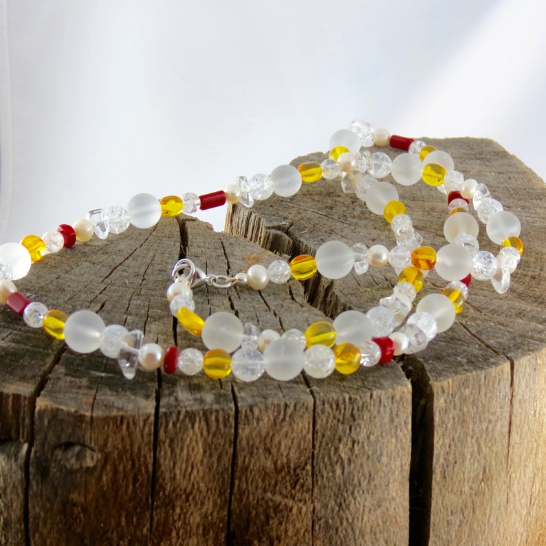freshwater cultured pearls amber and coral with silver clasp carabiner Gemstone necklace made of rock crystal 925, approx. 13 mm