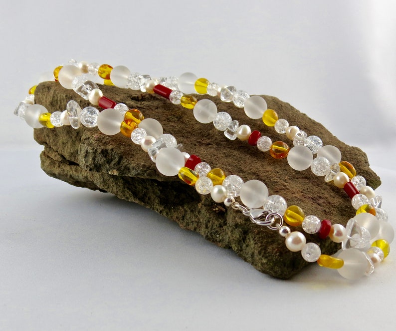 freshwater cultured pearls amber and coral with silver clasp carabiner Gemstone necklace made of rock crystal 925, approx. 13 mm