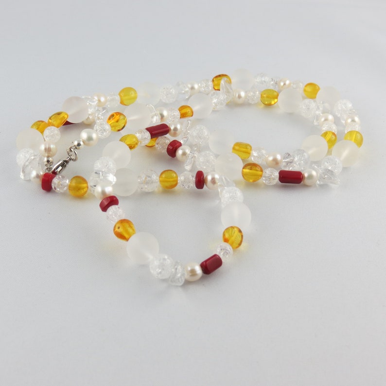 freshwater cultured pearls amber and coral with silver clasp carabiner Gemstone necklace made of rock crystal 925, approx. 13 mm