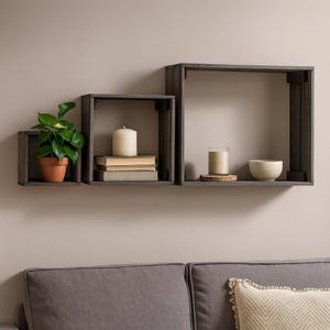 Set of 3 wooden cube wall shelves in greywash – 40x40 cm, 30x30 cm & 20x20 cm, 15 cm deep