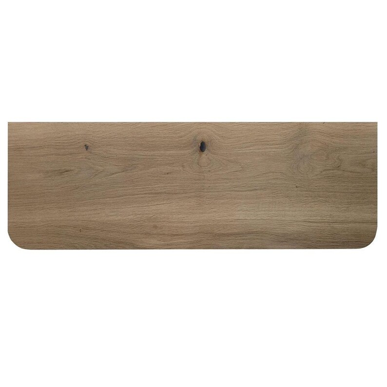 May include: A light brown wood shelf with a rounded edge on the front and a smooth surface.