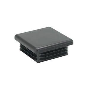 Könnte beinhalten: Eine schwarze quadratische Kunststoff-Endkappe. Die Kappe hat eine glatte, flache Oberseite und eine geriffelte, hohle Basis. Dieses Möbelteil ist für das Ende eines Vierkantrohrs konzipiert und bietet ein sauberes Aussehen und Schutz.