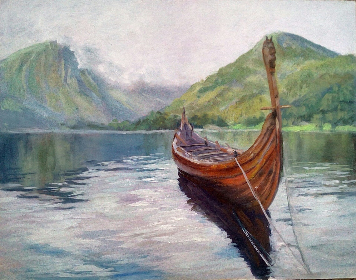 Viking boat oil painting original drakkar ship art Etsy