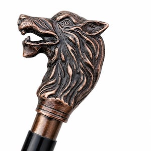 Brass Wolf Head Walking Cane, Handcrafted Wood Stick, Gothic Animal Cane