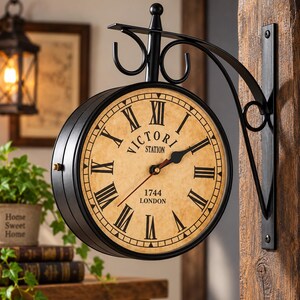 Vintage Double-Sided Station Clock, Industrial Wall Mount Clock, Rustic Farmhouse Decor, Large Metal Outdoor Clock, Railway Station Clock