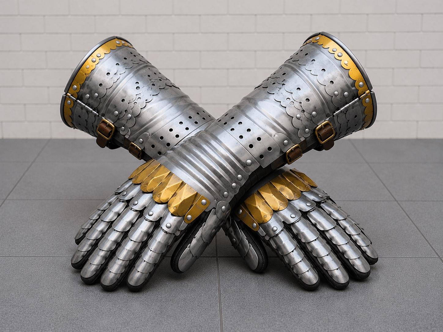 Handmade Steel Knight Gauntlets - Medieval Armor Gloves with Brass Accents (Pair)