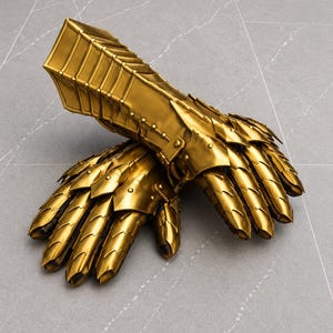 Könnte beinhalten: Ein Paar goldfarbene, bewegliche Panzerhandschuhe mit einem geschichteten Schuppendesign, das die Finger und den Handrücken bedeckt und in eine starre Unterarmmanschette mit erhabenen Strukturrippen und kleinen metallischen Nietendetails übergeht.