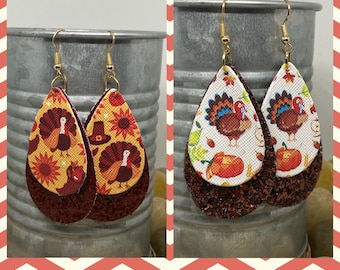 Thanksgiving leather earrings, pilgrim earrings, turkey earrings, pumpkin earrings, fall earrings, glitter earrings
