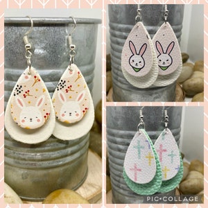 Easter earrings, cross earrings, bunny earrings, rabbit earrings, leather earrings, church earrings, religious earrings, teardrop earrings