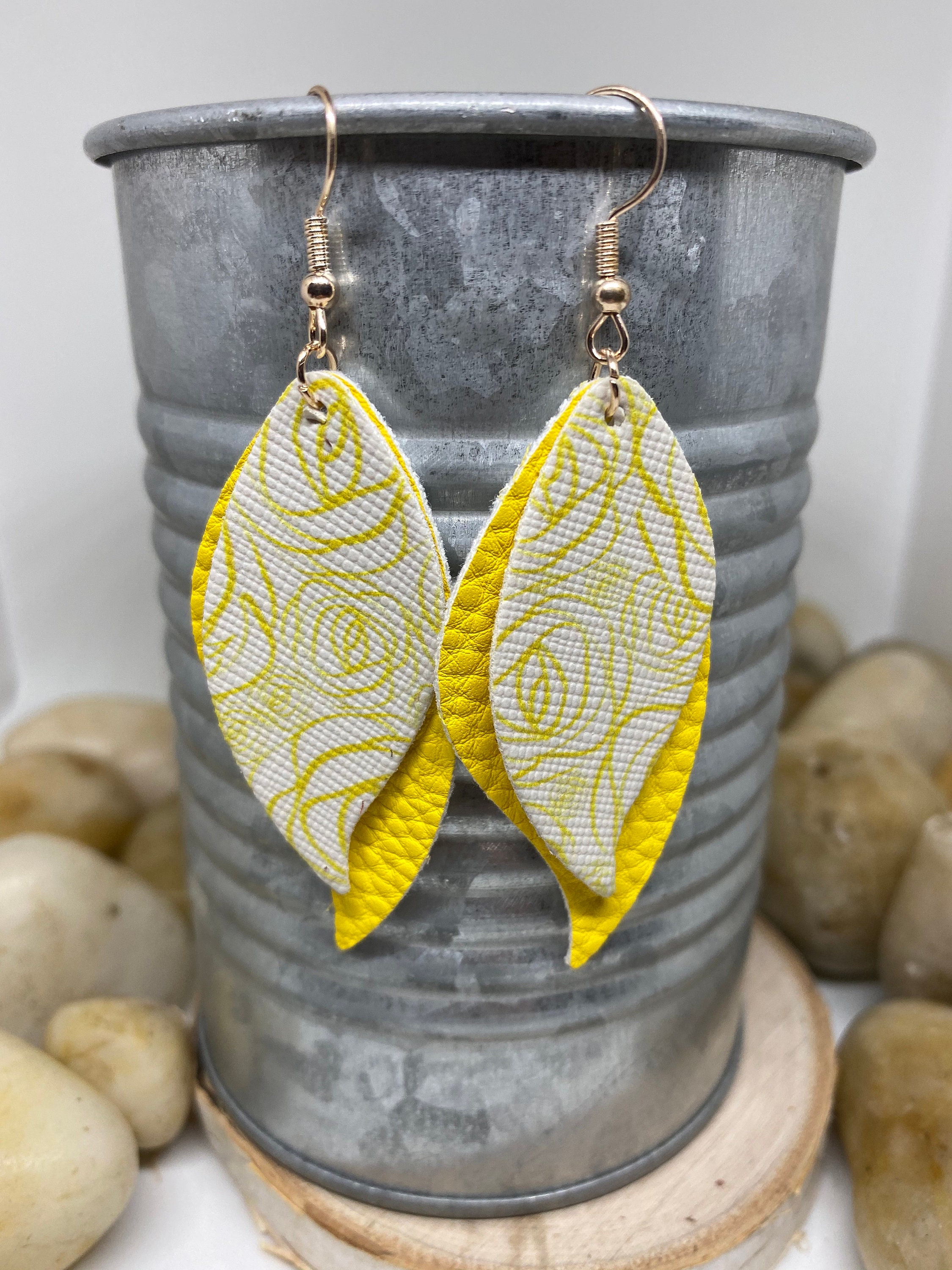 Yellow Leather Earrings Wavy Leaf Earrings Rose Yellow Etsy