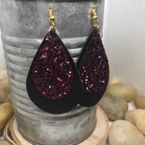 glitter teardrop earrings, leather teardrop double layered glitter plum purple earrings