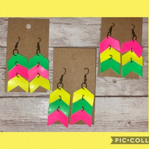 Neon leather earrings, chevron leather earrings, layered earrings, arrow earrings, hot pink earrings, neon green earrings, neon yellow