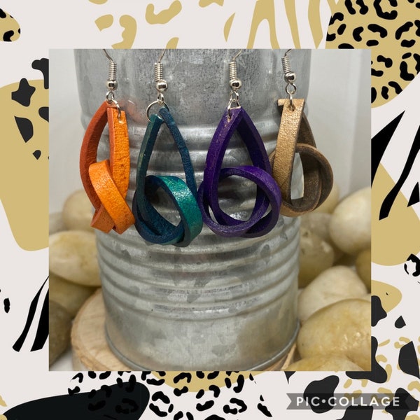 Knot earrings, knot leather earrings, orange knot earrings, purple earrings, turquoise earrings, halloween earrings, loop earrings, unique
