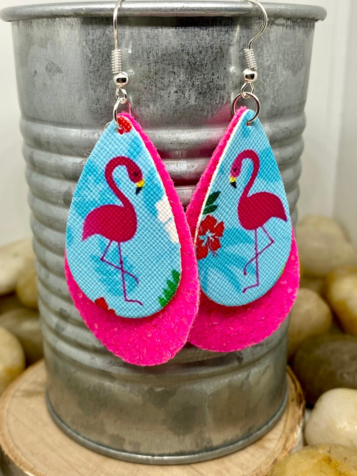 Flamingo Earrings Leather Earrings Stripe Earrings Flamingo Etsy