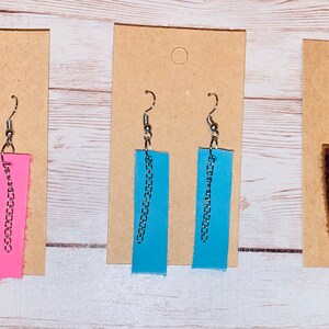 Leather Bar Earrings, Dangle, Weathered Leather, Chain Dangle, Neon Pink, Turquoise