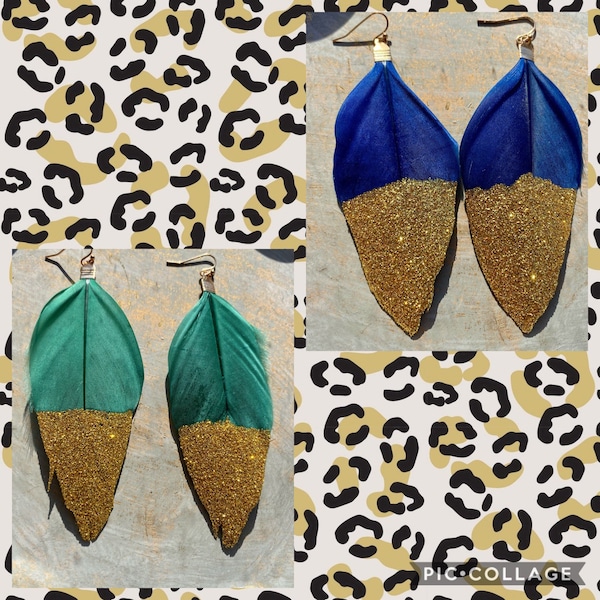 Pendientes de plumas, pendientes de plumas grandes, pendientes de plumas brillantes, pendientes de plumas de brillo dorado, pendientes azul marino, pendientes verde cazador