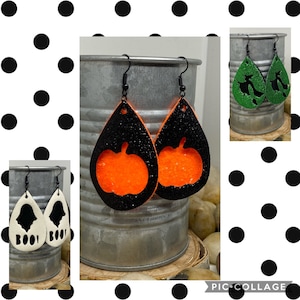 Halloween leather earrings, witch earrings, pumpkin earrings, ghost earrings, boo earrings, glitter earrings, cutout earrings
